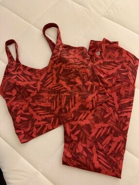 Lululemon Red Floral Matching Set Leggings + Sports Bra